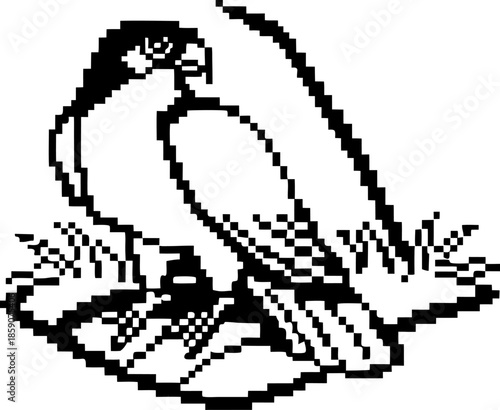 black and white pixel art of a bird perched on a branch with grass and leaves