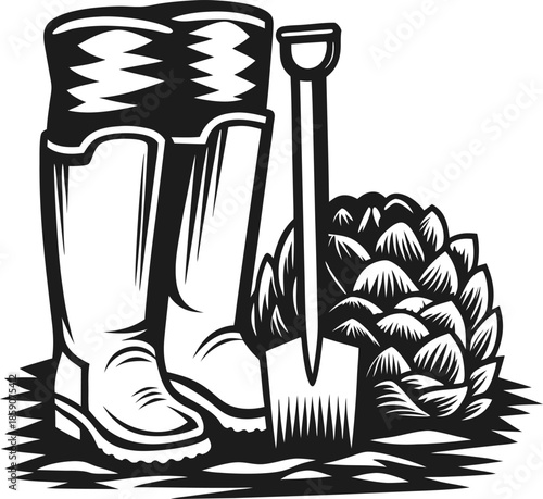 Gardening boots with shovel and pine cone illustration, outdoor nature tools and forest elements