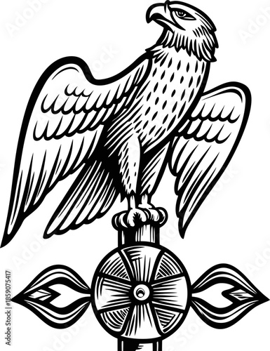 majestic eagle perched on decorative circular emblem with symmetrical leaf like patterns in black and white