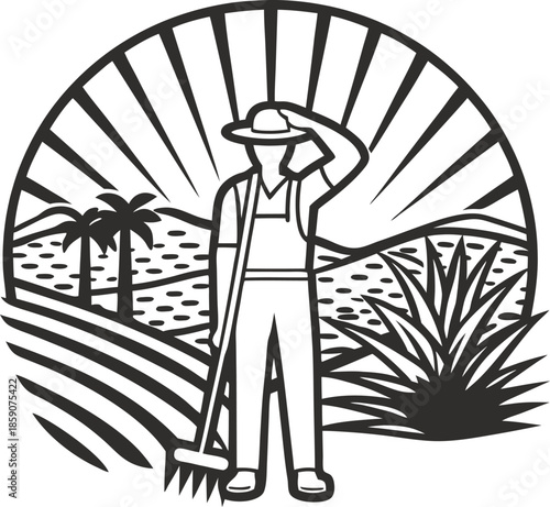Farmer standing in field with rake, sunburst background, agricultural landscape with mountains, palm trees, and plants