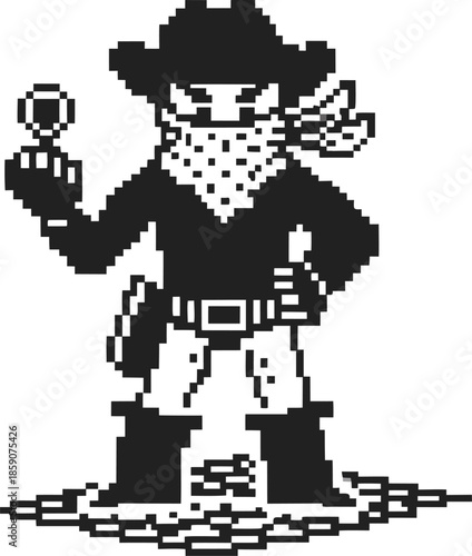 Pixel art cowboy holding a coin standing on a pile of coins, retro video game design