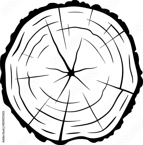 Tree trunk cross section with growth rings and natural cracks in black and white illustration