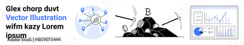 Blockchain network with connected nodes, cryptocurrency mining tools, and financial graphs depicting data analysis. Ideal for blockchain, data, cryptocurrency, mining, finance, technology simple