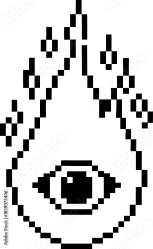 Pixel art flame with a central eye and small flames rising, monochrome digital illustration design