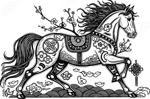 Happy Chinese new year golden red relief horse traditional lantern spiral cloud and folding fan. Chinese translation : New year of horse
