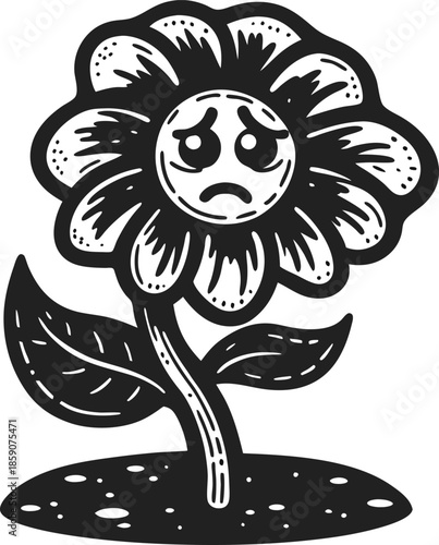 Sad flower with drooping stem and leaves growing from soil, expressive face emoting sorrow and melancholy