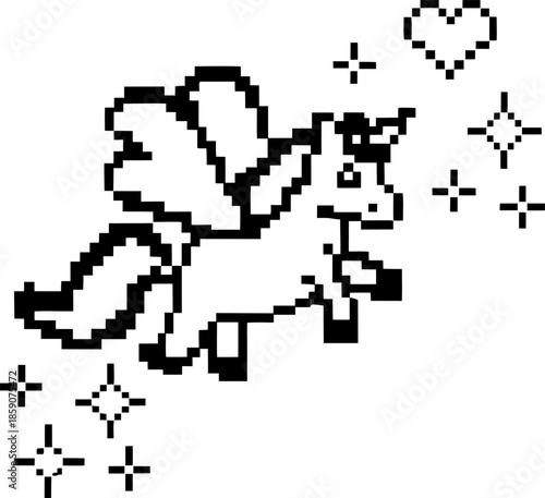 8 bit pixel art of a flying unicorn with wings surrounded by stars and a heart symbol