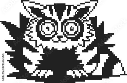 pixel art cat sitting wide eyed with striped fur and bushy tail in black and white