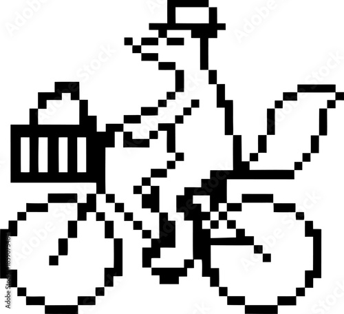 Pixel art fox riding bicycle with basket and hat, retro 8 bit animal character illustration