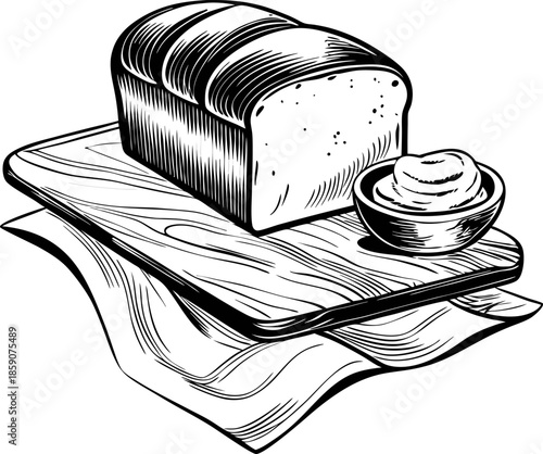 freshly baked loaf of bread with butter on wooden cutting board and cloth