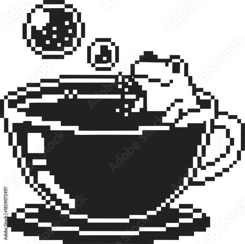 Pixel art frog relaxing in a coffee cup with bubbles, black and white retro digital illustration