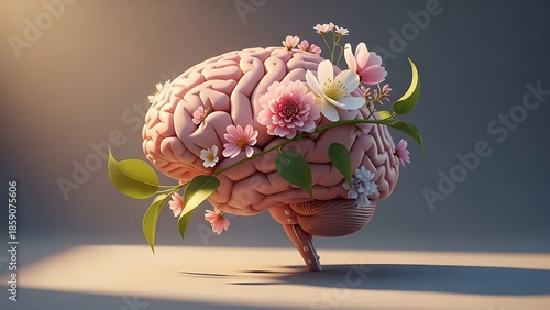 Surreal brain with blooming flowers symbolizing creativity and nature