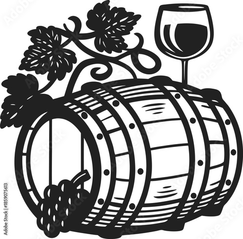 Wine barrel with grapes and a filled wine glass illustration for winemaking and vineyard design