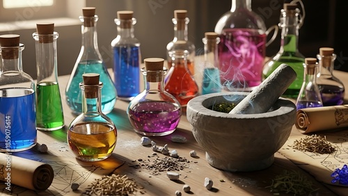 Colorful potion bottles and mortar on rustic wooden table