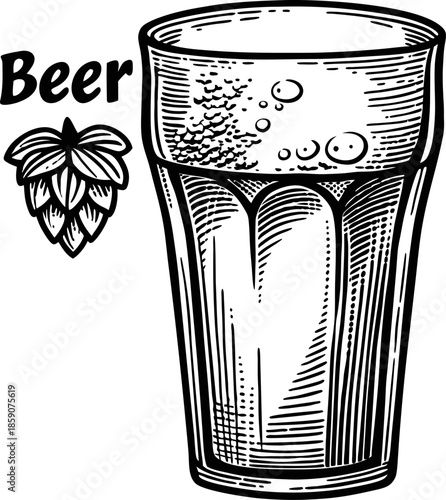 beer glass with foam and hop cone illustration hand drawn lager or ale drink symbol for brewery and pub design