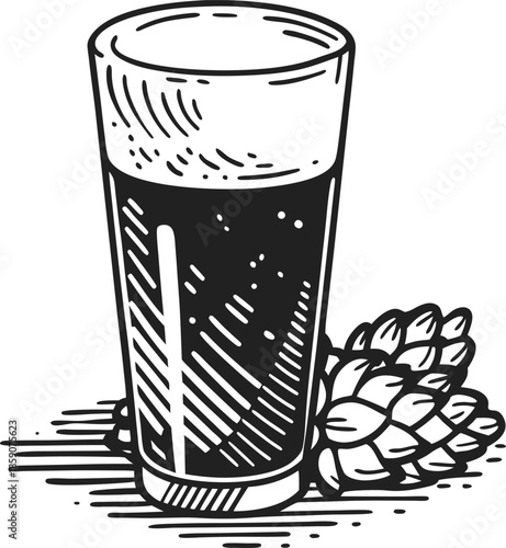 glass of dark beer with hop cones traditional handcrafted brew illustration with craft ale ingredients and frothy beverage