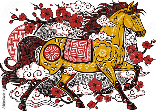 Happy Chinese new year golden red relief horse traditional lantern spiral cloud and folding fan. Chinese translation : New year of horse