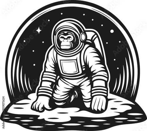 astronaut monkey exploring lunar surface, space helmet, cosmic background with stars and planet