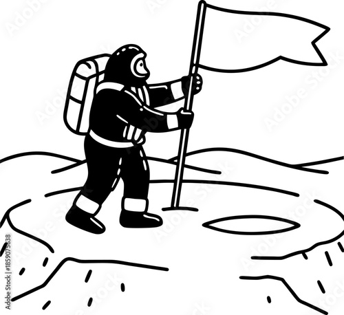 Astronaut planting flag on planetary surface space exploration, cosmic discovery and achievement in extraterrestrial terrain