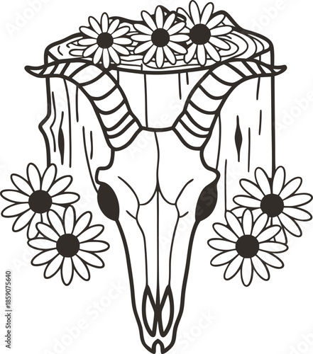Decorative ram skull with large curved horns surrounded by daisies and floral elements in black outline