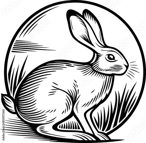 Rabbit silhouette inside circle, detailed black and white illustration of hare sitting in grass