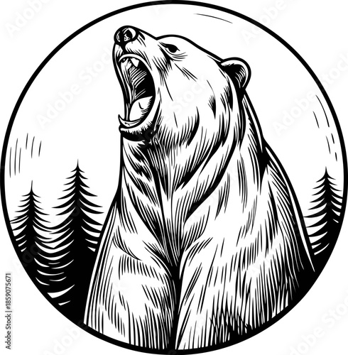 Roaring bear illustration with forest background in circular frame, wild animal art design, strong nature wildlife symbol
