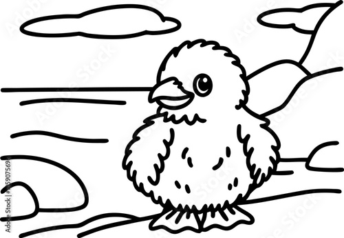 Adorable baby bird standing on the ground near ocean shore with clouds and leaves in black and white outline