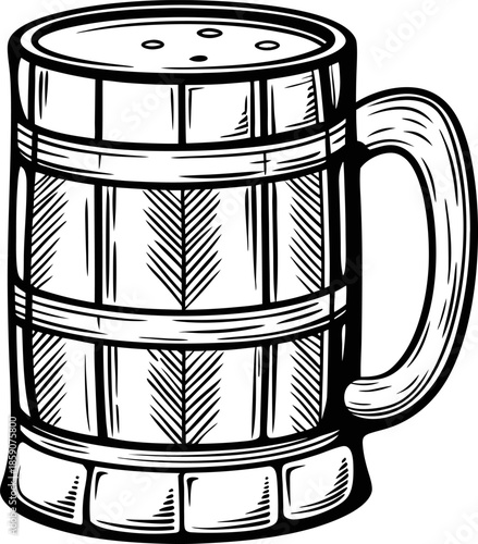Wooden beer mug illustration with handle and decorative grain texture in black and white