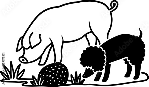 Pig and poodle exploring outdoors farm animal and domestic dog investigating nature with grass and stone