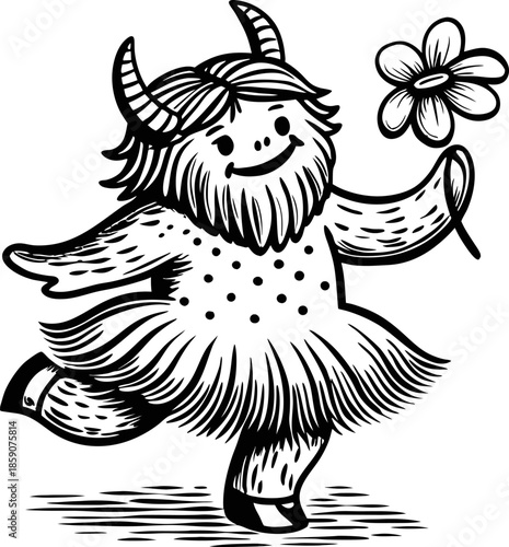 Cute playful monster holding a flower, smiling mythical creature with horns and furry body, cheerful happy character illustration