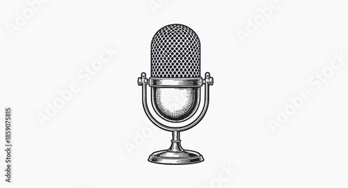 Vintage Microphone Icon in Black and White Line Art Style