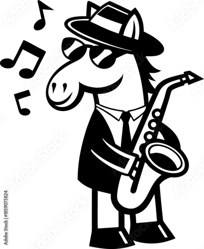 Cool horse playing saxophone in suit and hat with musical notes, jazz entertainment concept illustration