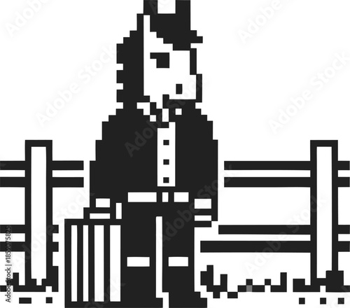 Pixel art horse character with briefcase standing near wooden fence retro digital illustration of anthropomorphic animal figure