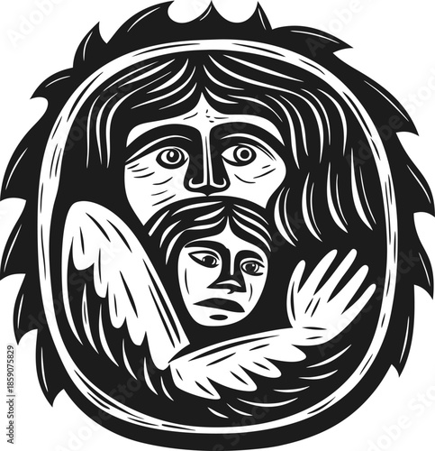 Protective embrace of angel wings around contemplative figures, black and white stylized spiritual artwork