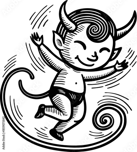 Playful baby devil with horns and tail dancing happily with swirling motion lines around him