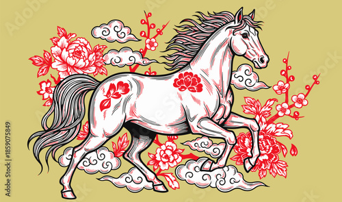 Happy Chinese new year golden red relief horse traditional lantern spiral cloud and folding fan. Chinese translation : New year of horse