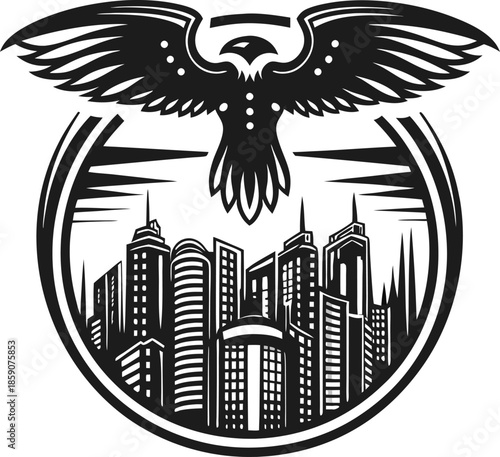 Eagle soaring above modern city skyline emblem with tall urban buildings and dynamic circular frame