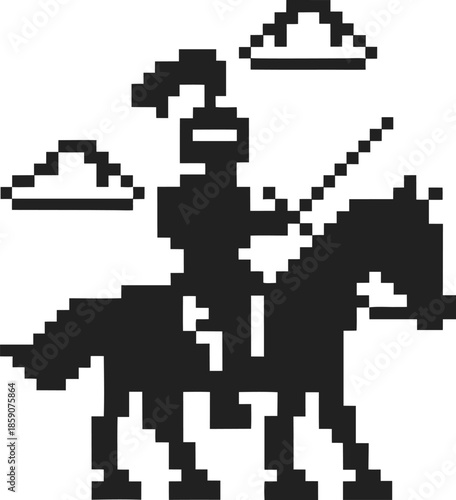 pixel art medieval knight on horseback with lance under pixel clouds, 8 bit retro video game