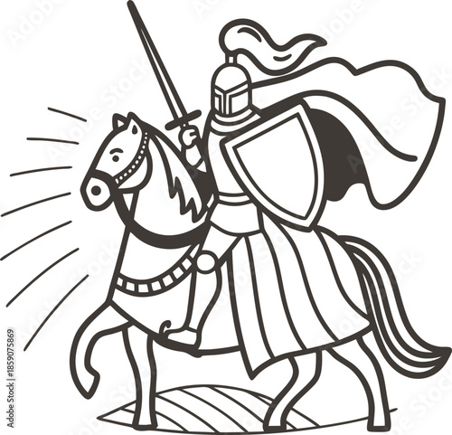 Medieval knight on horse with sword and shield, wearing armor and flowing cape