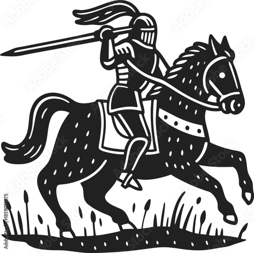 Medieval knight in full armor charging on a horse with lance raised, galloping through grassland