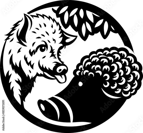 Wild boar and pig silhouette design with foliage, forest animal illustration in black and white circle frame