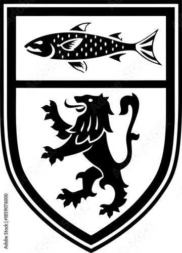 Black and white heraldic shield featuring a leaping fish above a rampant lion in a classic coat of arms design