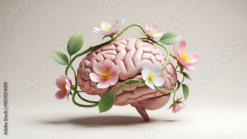 Human brain entwined with blooming flowers on neutral background