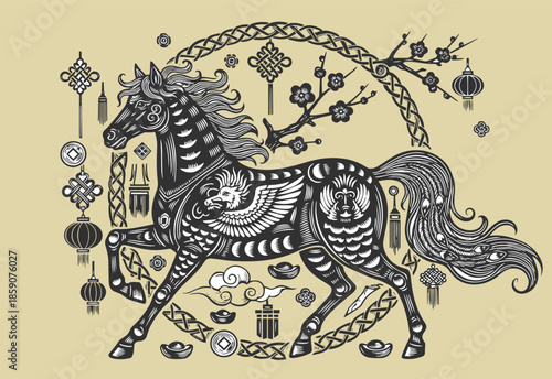 Happy Chinese new year golden red relief horse traditional lantern spiral cloud and folding fan. Chinese translation : New year of horse
