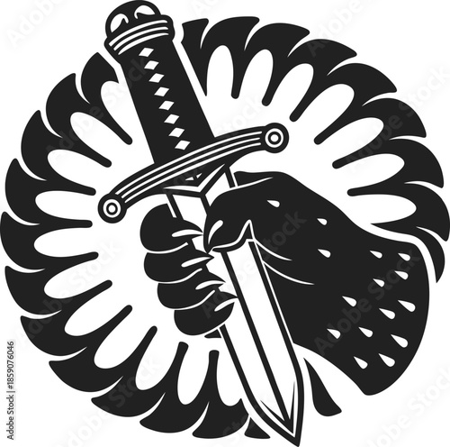 black bear claw gripping dagger with detailed handle on stylized circular floral background