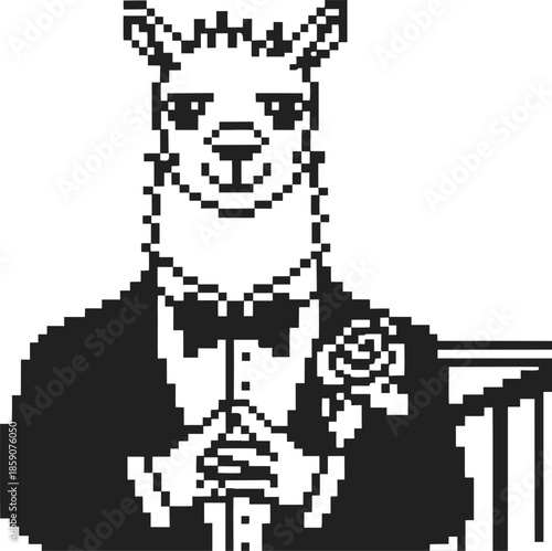 pixel art llama in tuxedo with bow tie and rose, elegant animal character in formal attire, monochrome digital illustration