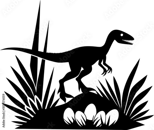 Velociraptor dinosaur guarding nest with eggs in prehistoric jungle silhouette illustration