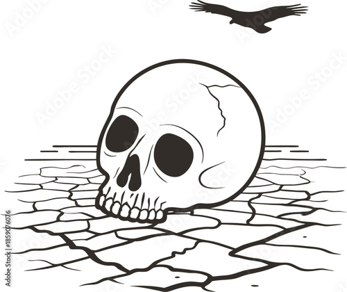 Human skull resting on cracked dry ground under flying vulture, symbolizing death and desolation