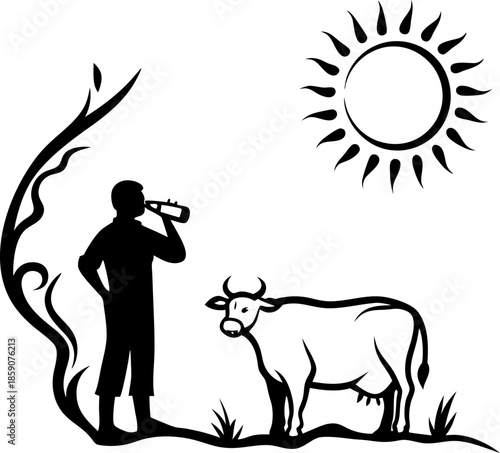Man drinking fresh milk outdoors under bright sun with cow beside, rural farm life and natural dairy concept
