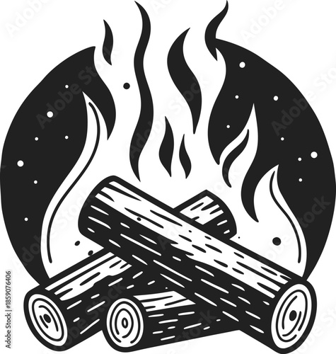 Campfire with burning logs flames and smoke rising from wood stacked to create warmth and light